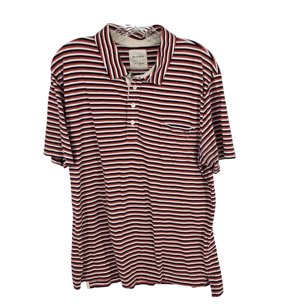 Billy Reid Polo Shirt Mens‎ XL Red Navy Stripe 100% Cotton Pocket Casual